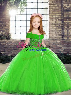 Fashionable Green Sleeveless Brush Train Beading Little Girls Pageant Dress