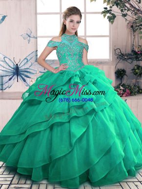 Trendy Floor Length Lace Up Ball Gown Prom Dress Turquoise for Sweet 16 and Quinceanera with Beading and Ruffles