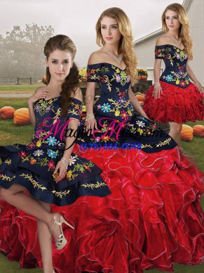 Exquisite Red And Black Lace Up Off The Shoulder Embroidery and Ruffles 15 Quinceanera Dress Organza Sleeveless