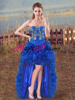 Captivating High Low Royal Blue Prom Party Dress Organza Sleeveless Embroidery and Ruffles