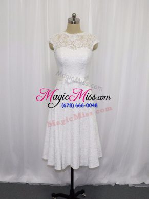 Sleeveless Lace Tea Length Lace Up Bridal Gown in White with Lace and Belt