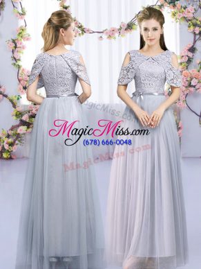 Empire Bridesmaid Dress Grey Scoop Tulle Sleeveless Floor Length Zipper