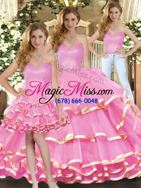 Captivating Rose Pink Three Pieces Ruffled Layers 15 Quinceanera Dress Lace Up Organza Sleeveless Floor Length