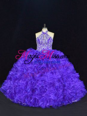 Sleeveless Organza Floor Length Lace Up Quinceanera Dresses in Purple with Beading and Ruffles