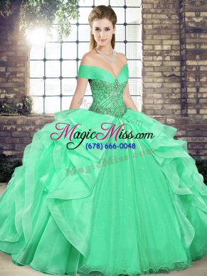 Sleeveless Organza Floor Length Lace Up 15th Birthday Dress in Apple Green with Beading and Ruffles