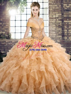 Clearance Off The Shoulder Sleeveless Quinceanera Dress Brush Train Beading and Ruffles Gold Organza