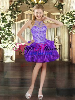 Glamorous Organza Halter Top Sleeveless Lace Up Beading and Ruffles Prom Homecoming Dress in Purple