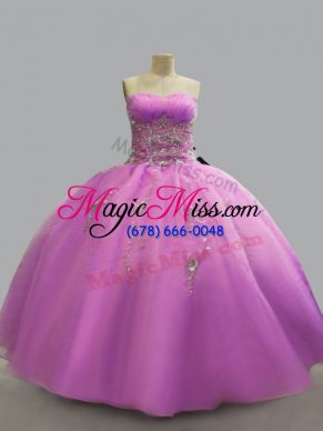 Lilac Organza Lace Up 15th Birthday Dress Sleeveless Floor Length Beading