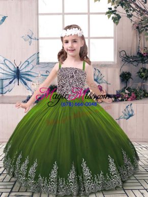 Hot Selling Olive Green Child Pageant Dress Party and Wedding Party with Beading and Embroidery Straps Sleeveless Lace Up