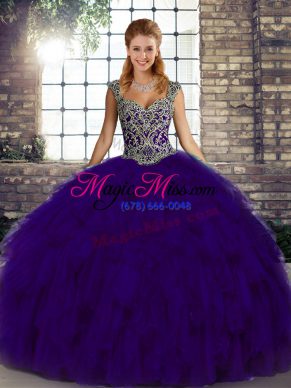 Purple Organza Lace Up Quinceanera Gowns Sleeveless Floor Length Beading and Ruffles