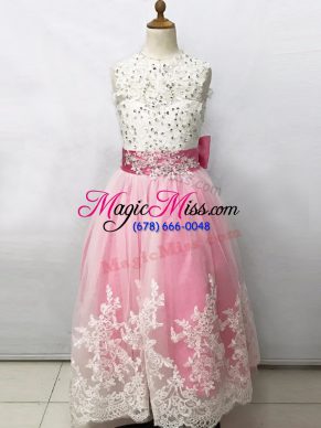 Custom Design Pink And White Sleeveless Floor Length Beading and Lace and Bowknot Lace Up Flower Girl Dress