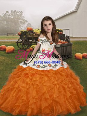 Excellent Orange Organza Lace Up Little Girls Pageant Dress Sleeveless Floor Length Embroidery and Ruffles