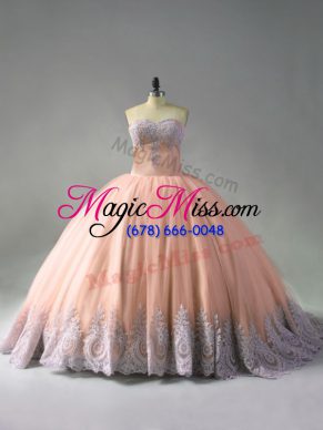 Custom Designed Peach Sweetheart Lace Up Beading and Appliques Sweet 16 Dresses Court Train Sleeveless