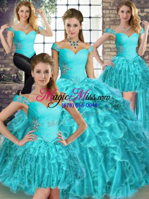 Exceptional Aqua Blue Ball Gowns Off The Shoulder Sleeveless Organza Brush Train Lace Up Beading and Ruffles Sweet 16 Dress