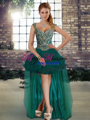 Fashionable Organza Straps Sleeveless Lace Up Beading and Ruffles Hoco Dress in Dark Green