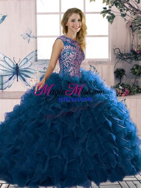 Royal Blue Ball Gowns Beading and Ruffles Sweet 16 Quinceanera Dress Lace Up Organza Sleeveless Floor Length