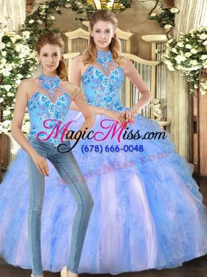 Flare Multi-color Tulle Lace Up Halter Top Sleeveless Floor Length Quince Ball Gowns Embroidery and Ruffles
