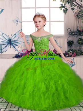 Inexpensive Floor Length Girls Pageant Dresses Off The Shoulder Sleeveless Lace Up