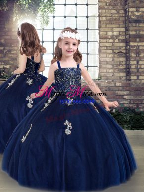 Fashionable Tulle Sleeveless Floor Length Little Girl Pageant Gowns and Beading and Appliques