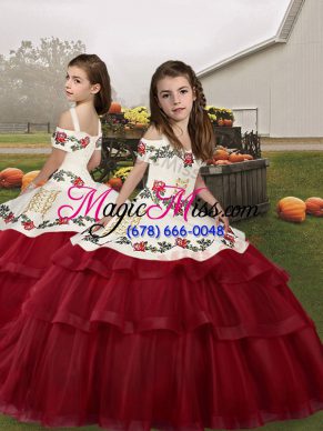 Wine Red Kids Pageant Dress Party and Military Ball and Wedding Party with Embroidery Straps Sleeveless Lace Up