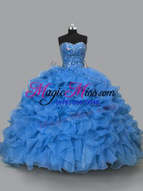 Pretty Floor Length Blue Sweet 16 Dress Organza Sleeveless Beading and Ruffles