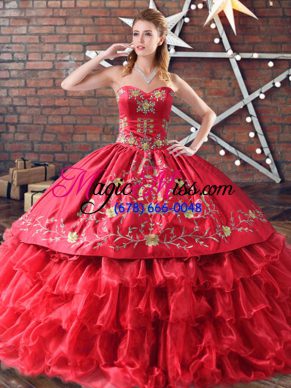 Red Organza 15 Quinceanera Dress Embroidery and Ruffled Layers