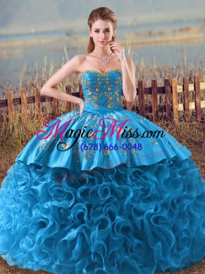 Deluxe Baby Blue Sleeveless Floor Length Embroidery and Ruffles Lace Up Quinceanera Dress