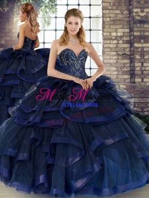 Navy Blue Tulle Lace Up Ball Gown Prom Dress Sleeveless Floor Length Beading and Ruffles