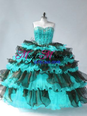 Affordable Blue And Black Sleeveless Beading and Ruffled Layers Floor Length Quinceanera Dress