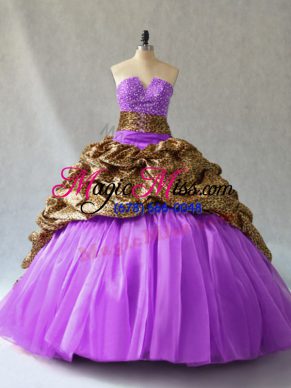 Glamorous Lavender Organza and Printed Lace Up V-neck Sleeveless Floor Length 15 Quinceanera Dress Beading and Pick Ups