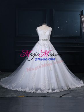 Tulle Scoop Sleeveless Brush Train Zipper Beading and Lace Wedding Dresses in White