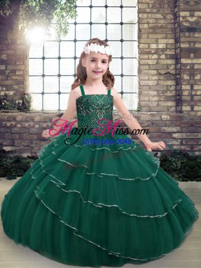 Lace Straps Sleeveless Lace Up Beading Little Girls Pageant Dress in Peacock Green