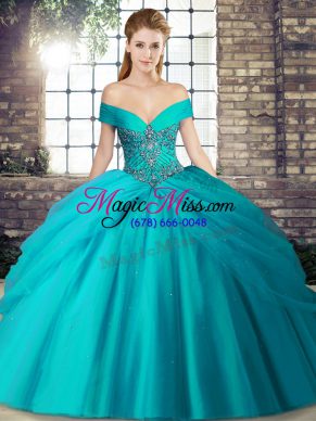 Unique Teal Ball Gowns Tulle Off The Shoulder Sleeveless Beading and Pick Ups Lace Up Vestidos de Quinceanera Brush Train