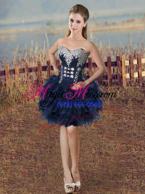 Sophisticated Mini Length Lace Up Dress for Prom Navy Blue for Prom and Party with Beading and Ruffled Layers