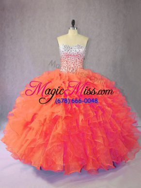Fantastic Orange Ball Gowns Organza Sweetheart Sleeveless Beading and Ruffles Floor Length Lace Up 15th Birthday Dress