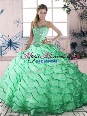 Sweetheart Sleeveless Quince Ball Gowns Brush Train Ruffled Layers Apple Green Organza