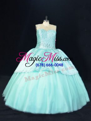 Comfortable Satin and Tulle Scoop Sleeveless Lace Up Beading Ball Gown Prom Dress in Aqua Blue