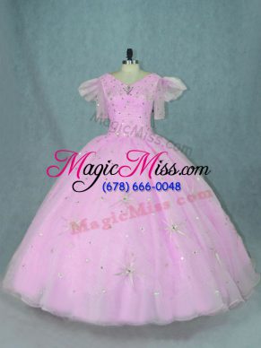 High Quality Short Sleeves Organza Floor Length Zipper Quinceanera Dress in Lilac with Beading