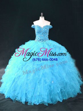 Aqua Blue Ball Gowns Tulle Off The Shoulder Sleeveless Beading and Ruffles Floor Length Lace Up 15 Quinceanera Dress