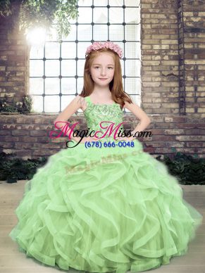 Customized Straps Sleeveless Little Girls Pageant Dress Floor Length Beading and Ruffles Yellow Green Tulle