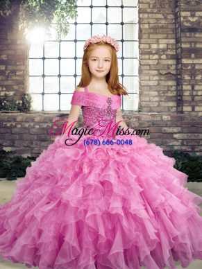Lilac Straps Neckline Beading and Ruffles Kids Pageant Dress Sleeveless Lace Up