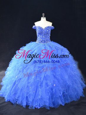 Affordable Blue Off The Shoulder Neckline Beading and Ruffles Sweet 16 Dress Sleeveless Lace Up