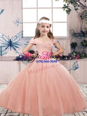 Discount Off The Shoulder Sleeveless Child Pageant Dress Floor Length Lace and Belt Peach Tulle