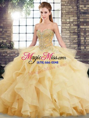 Gold Sleeveless Tulle Brush Train Lace Up 15 Quinceanera Dress for Military Ball and Sweet 16 and Quinceanera