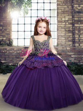 Purple Tulle Lace Up Pageant Gowns For Girls Sleeveless Floor Length Beading and Appliques