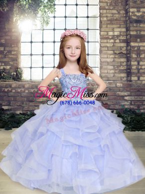 Sleeveless Tulle Floor Length Lace Up Little Girls Pageant Dress Wholesale in Lavender with Beading and Ruffles