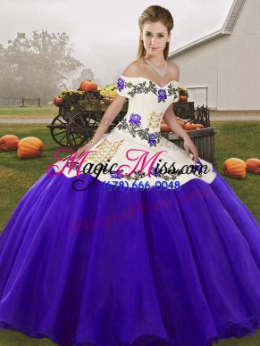 Simple Floor Length White And Purple 15th Birthday Dress Off The Shoulder Sleeveless Lace Up