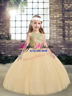 Peach Lace Up Little Girl Pageant Gowns Beading Sleeveless Floor Length