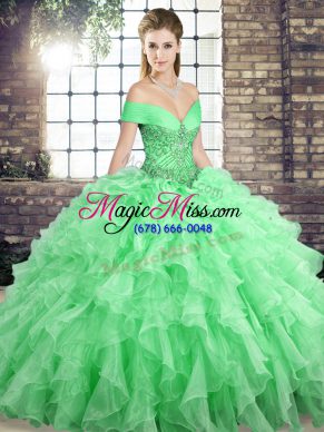 Glittering Apple Green Sweet 16 Dresses Military Ball and Sweet 16 and Quinceanera with Beading and Ruffles Off The Shoulder Sleeveless Brush Train Lace Up
