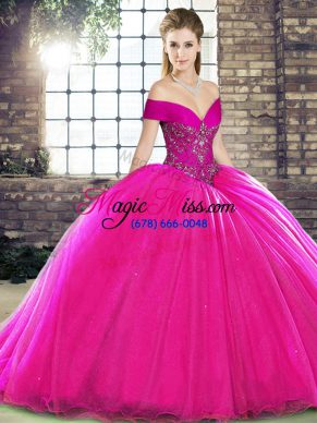 Fancy Fuchsia Organza Lace Up Off The Shoulder Sleeveless Quinceanera Gown Brush Train Beading